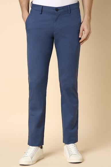 men blue slim fit solid casual trousers