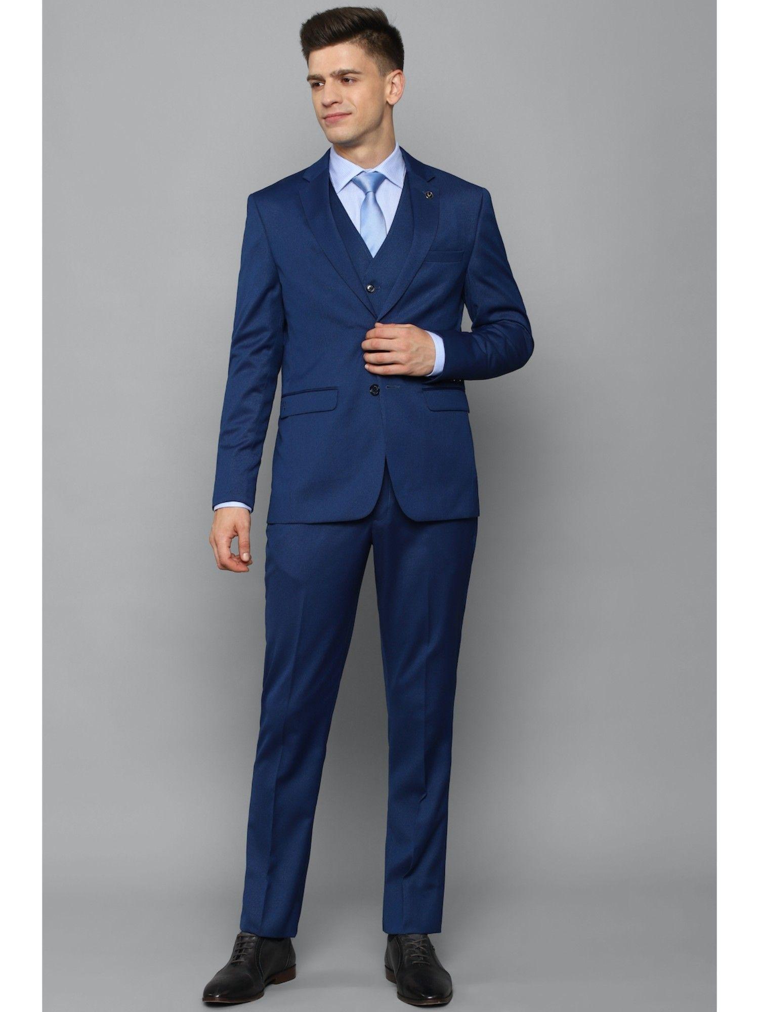 men blue slim fit solid formal suit (set of 3)