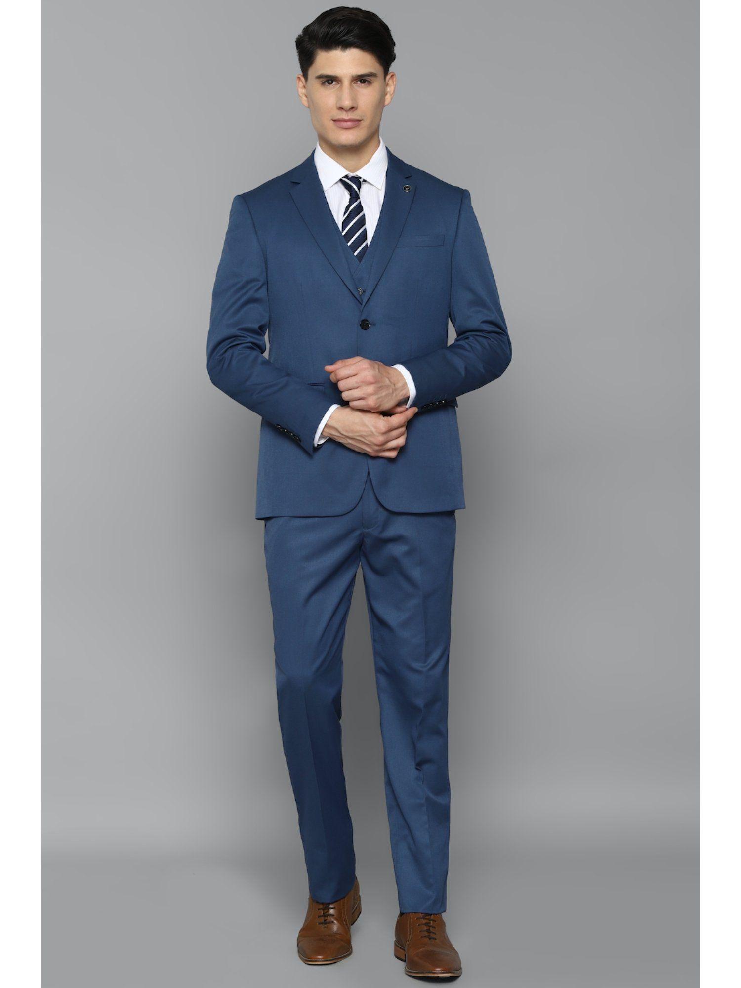 men blue slim fit solid formal three piece suit (set of 3)
