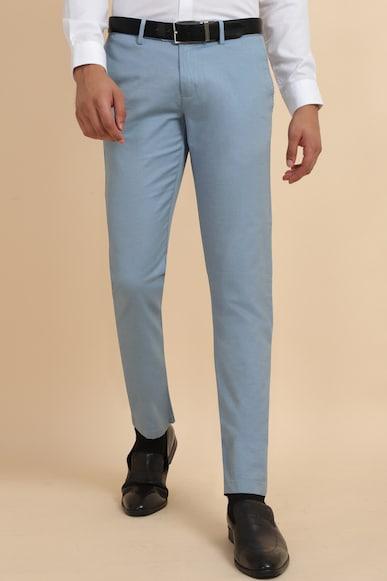 men blue slim fit solid formal trousers