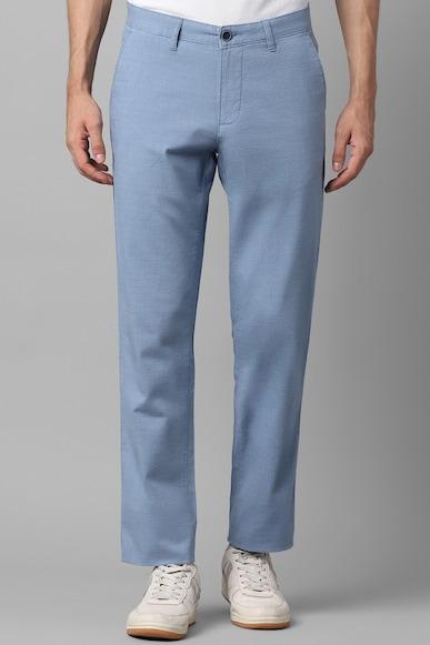 men blue slim fit textured flat front casual trousers