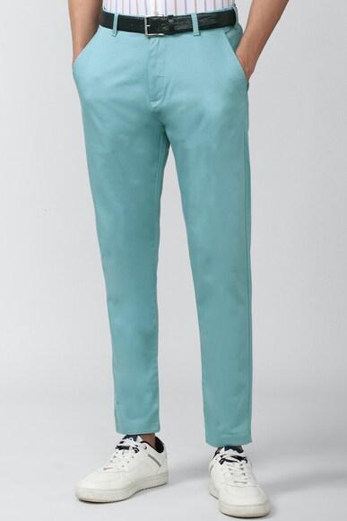 men blue solid carrot fit casual trousers