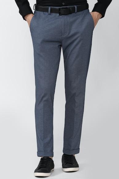 men blue solid carrot fit formal trousers