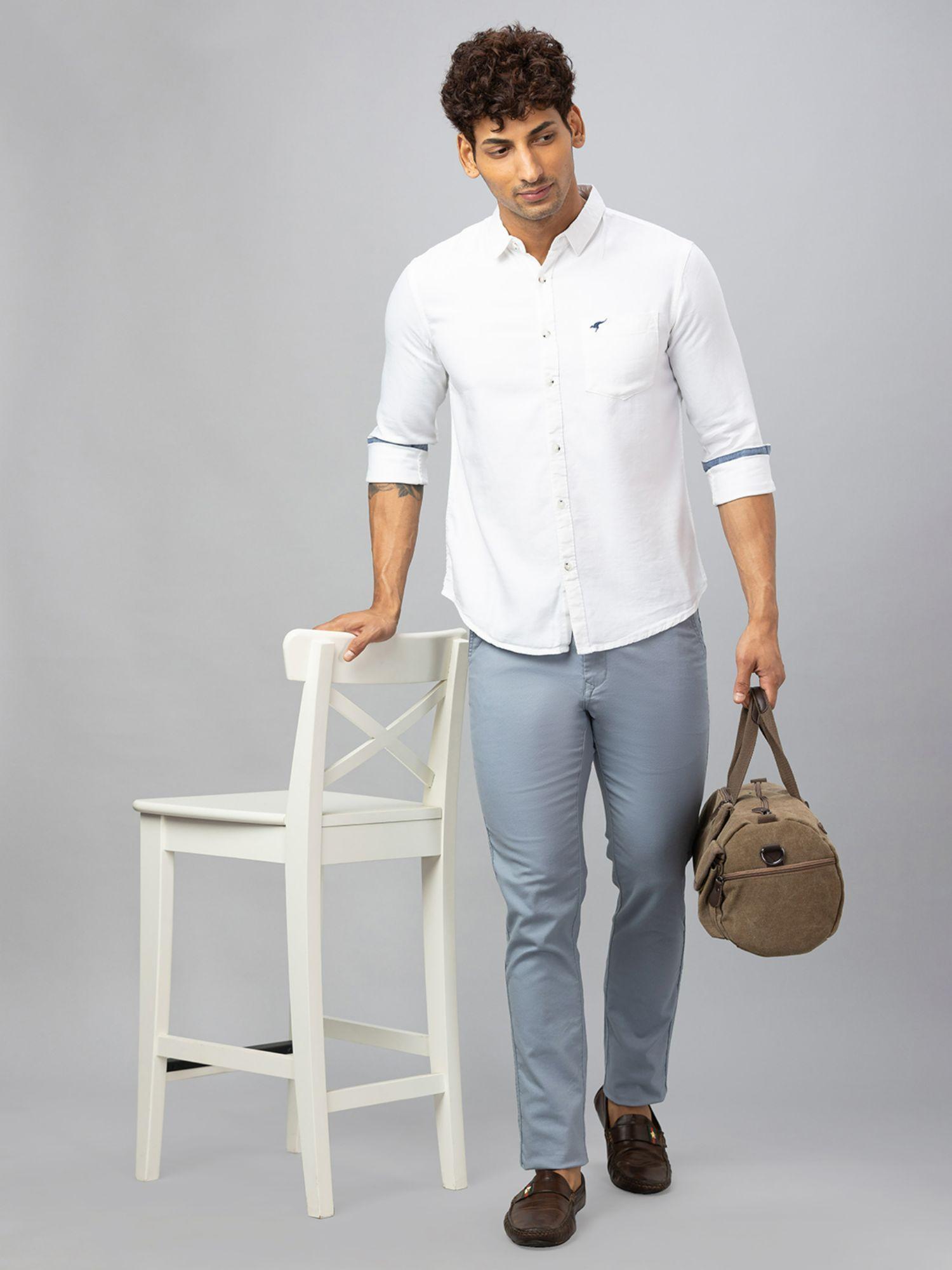 men blue solid cotton casual slim fit chinos