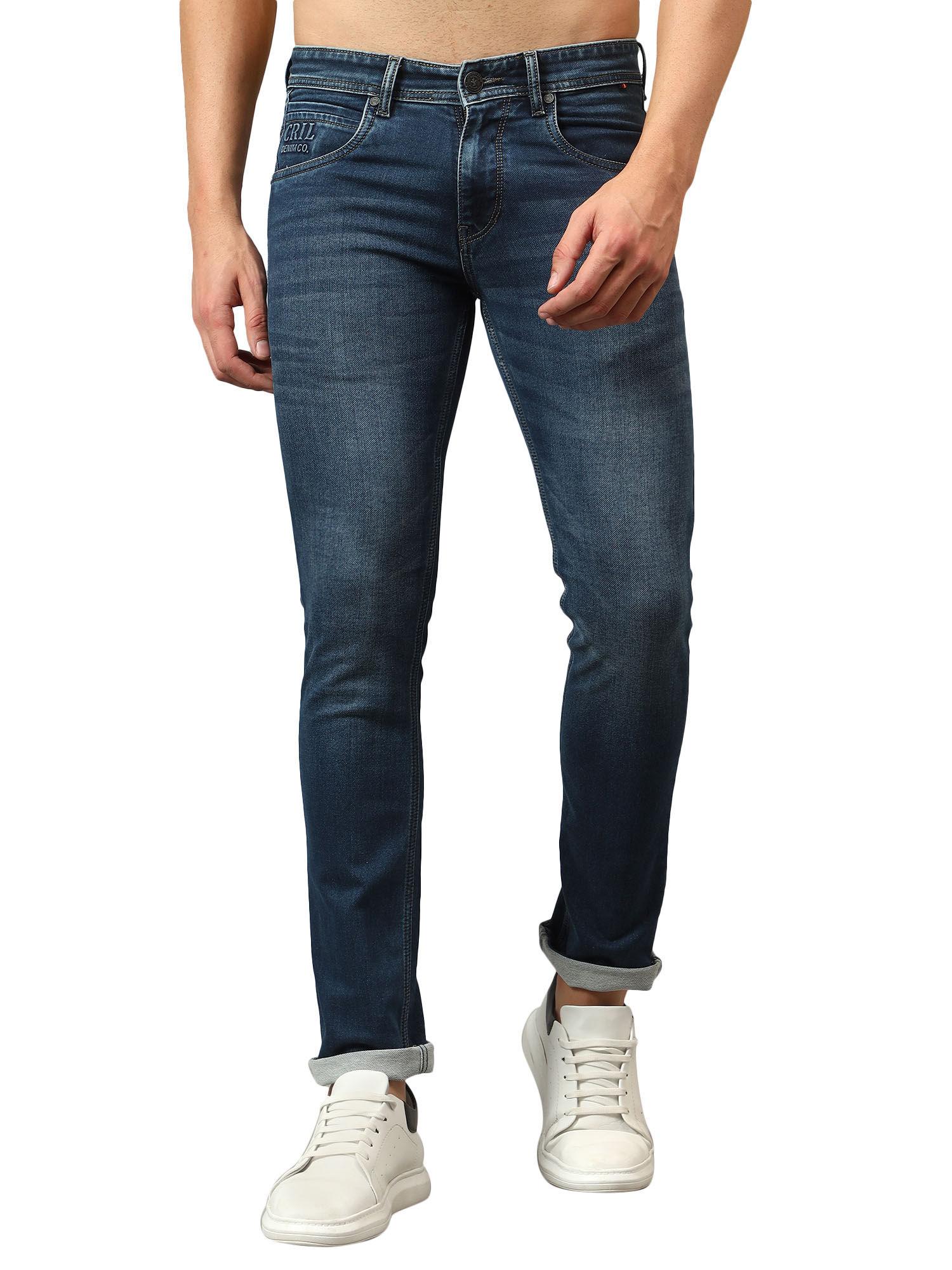 men blue solid full length stretchable jeans