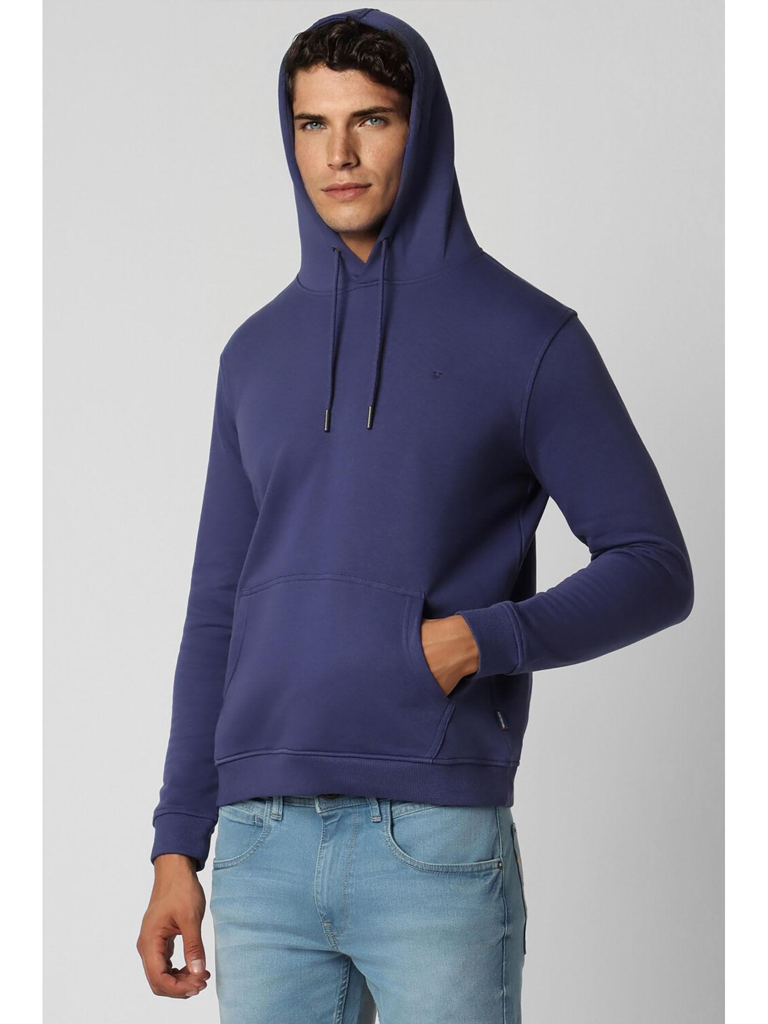 men blue solid hooded neck sweatshirt