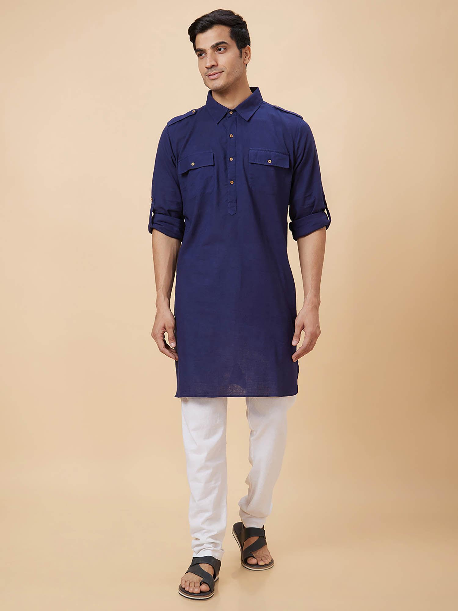 men blue solid kurta