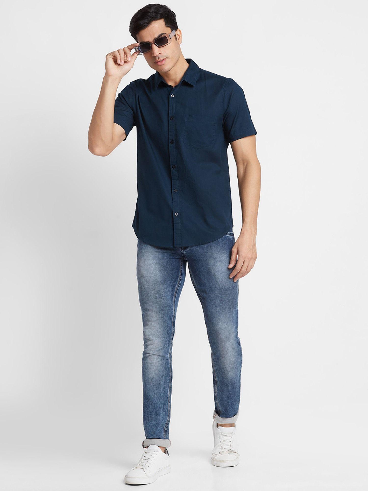men blue solid linen regular fit casual shirt