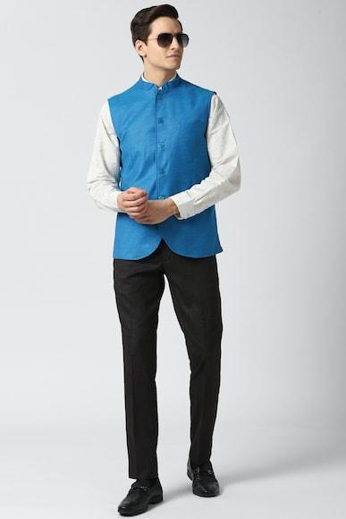 men blue solid regular fit party nehru jacket
