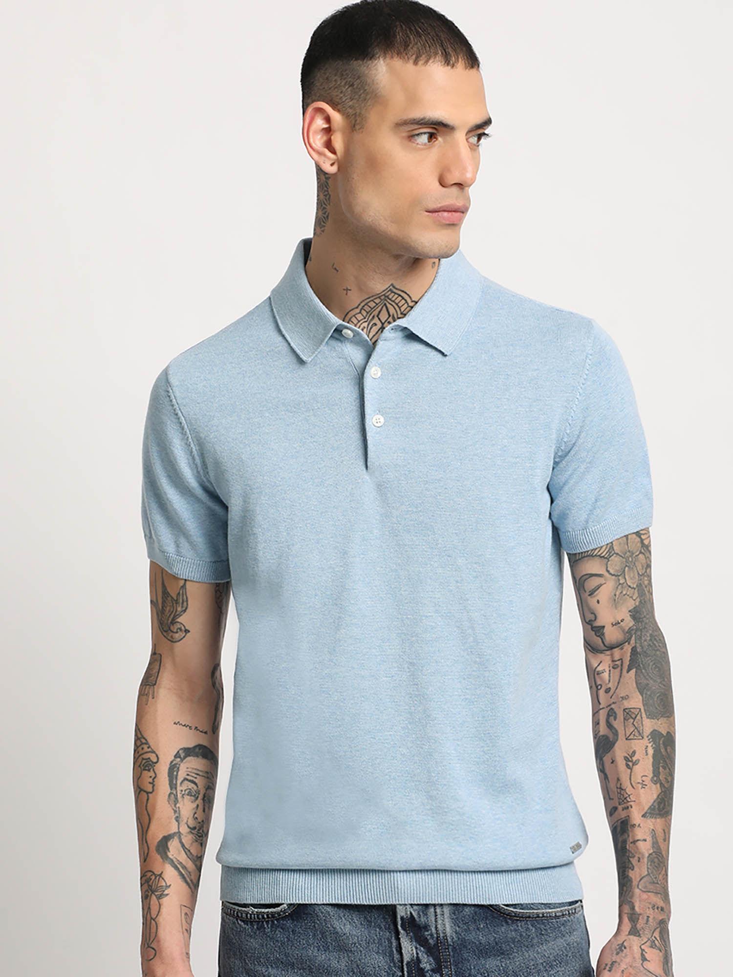 men blue solid regular fit polo t-shirt