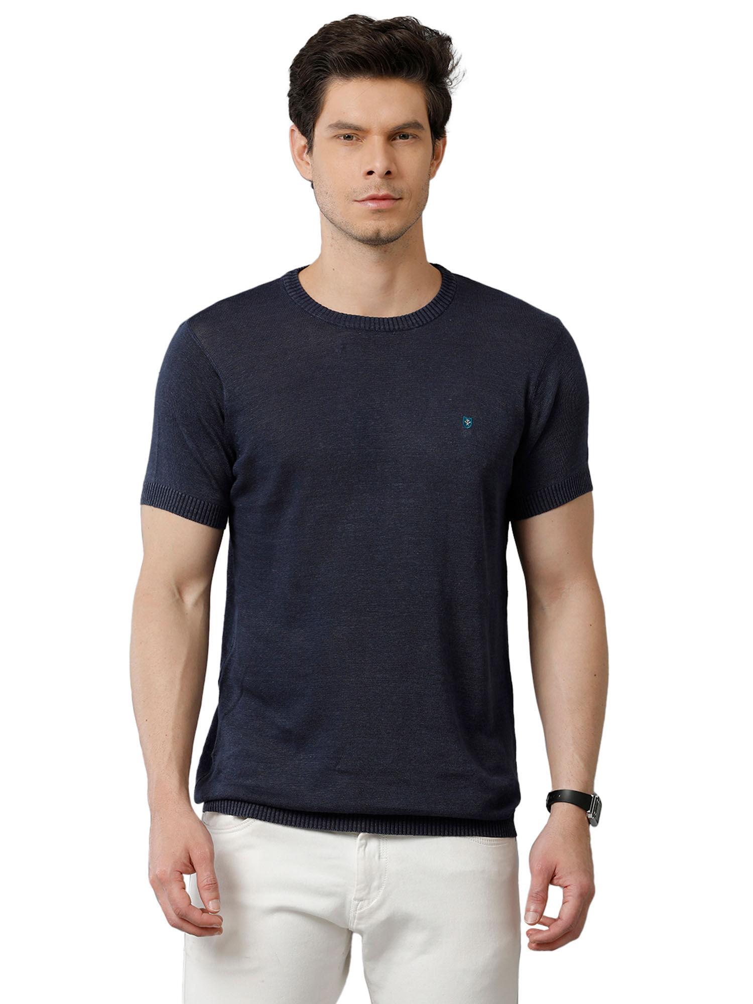 men blue solid round neck linen knitted t-shirt