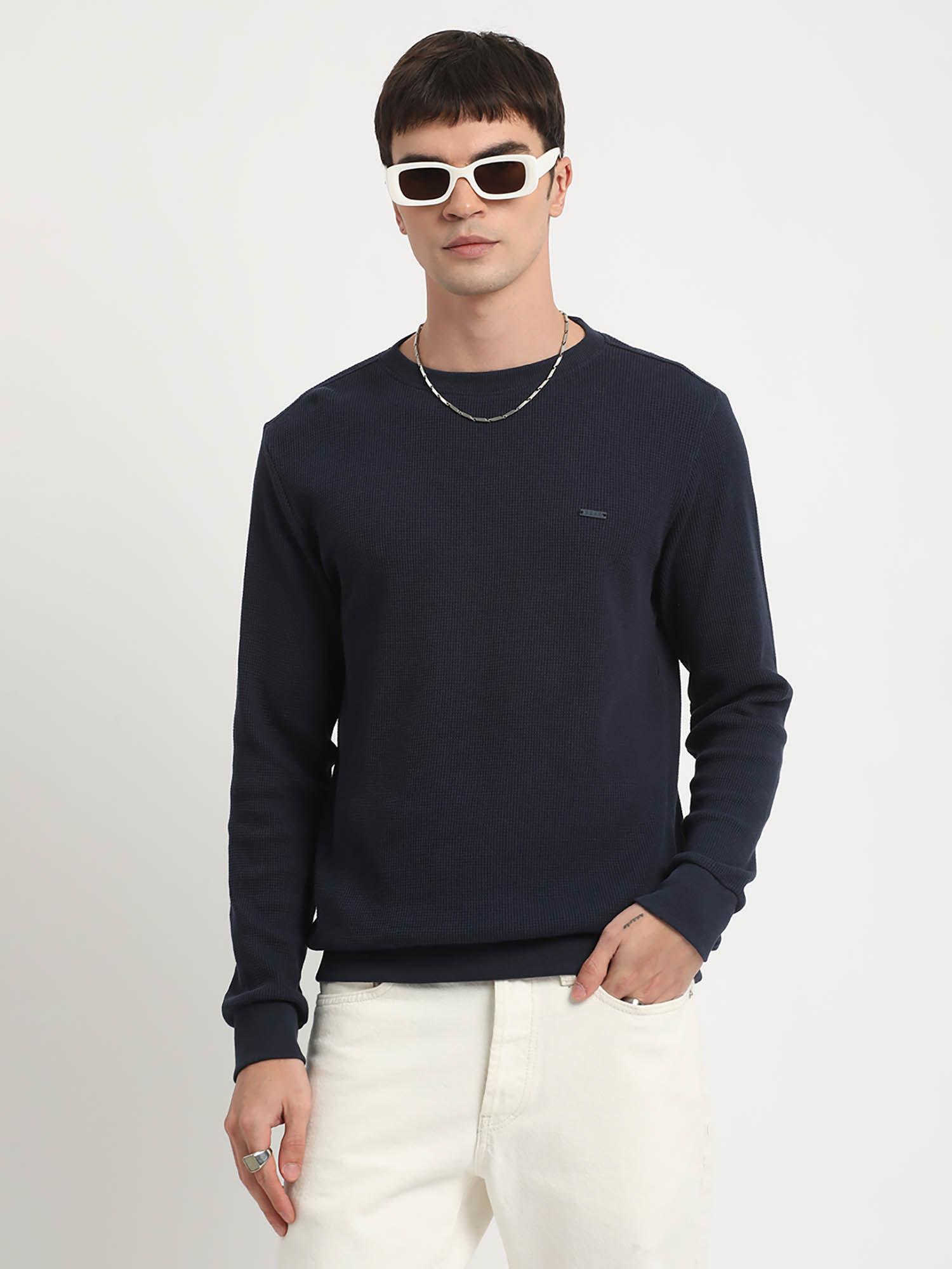 men blue solid sim fit round neck sweatshirt