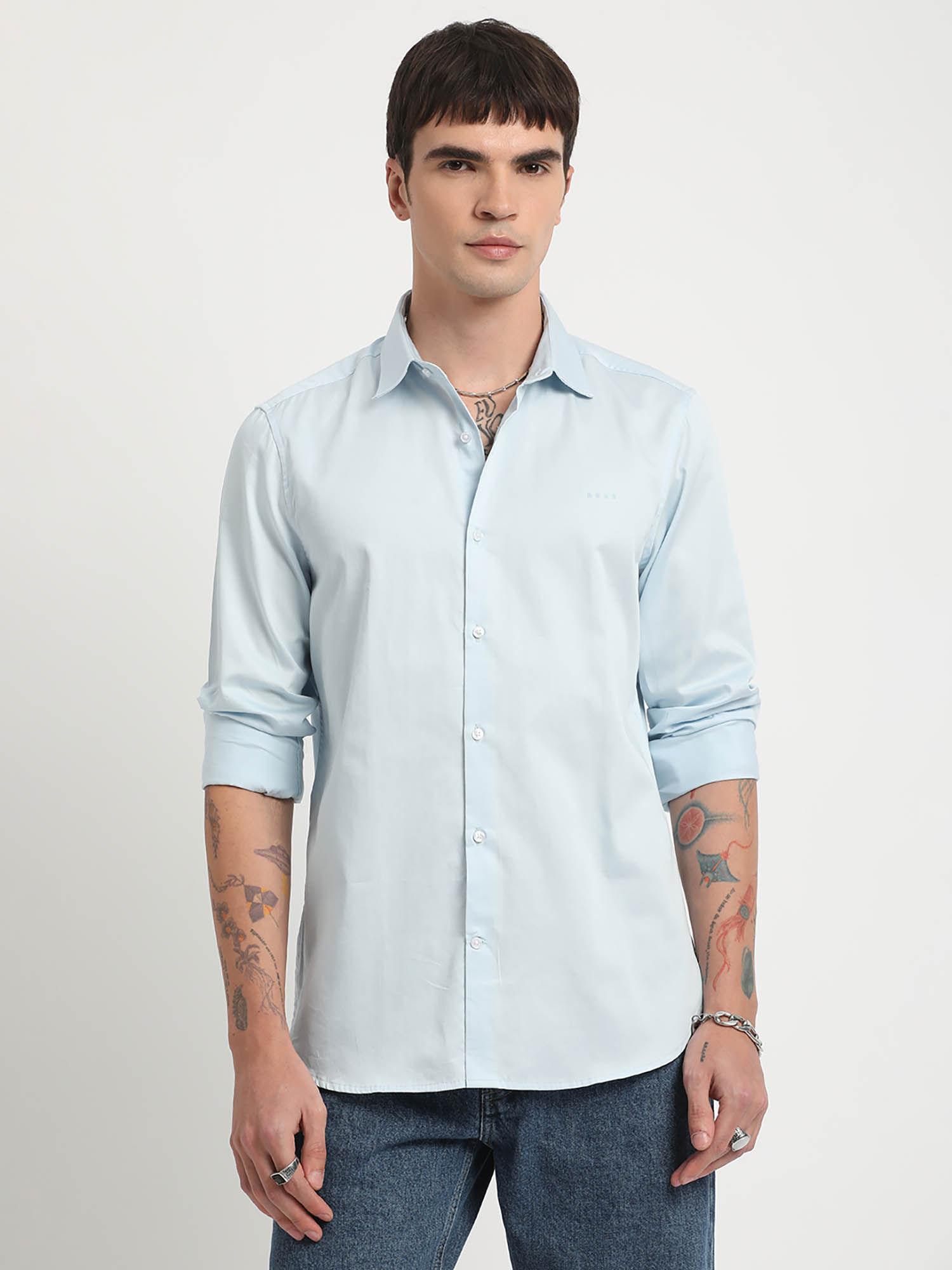 men blue solid slim fit cotton casual shirt