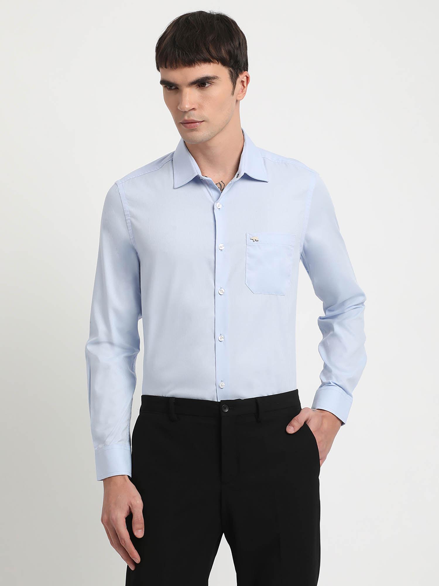 men blue solid slim fit cotton formal shirt