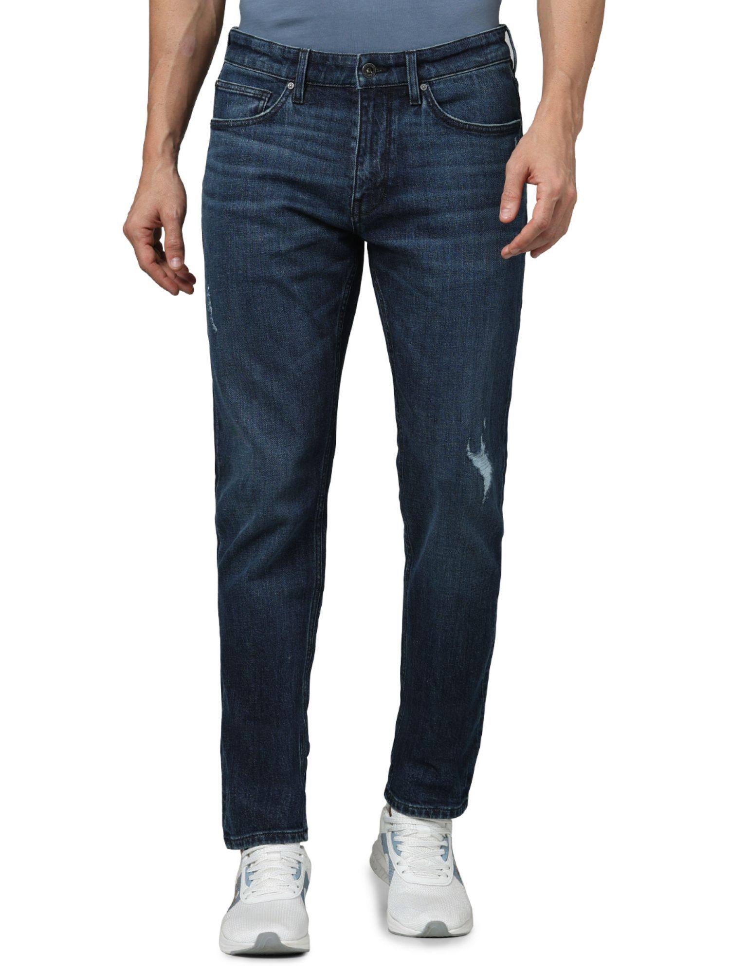 men blue solid slim fit cotton italian distress twill denim jeans