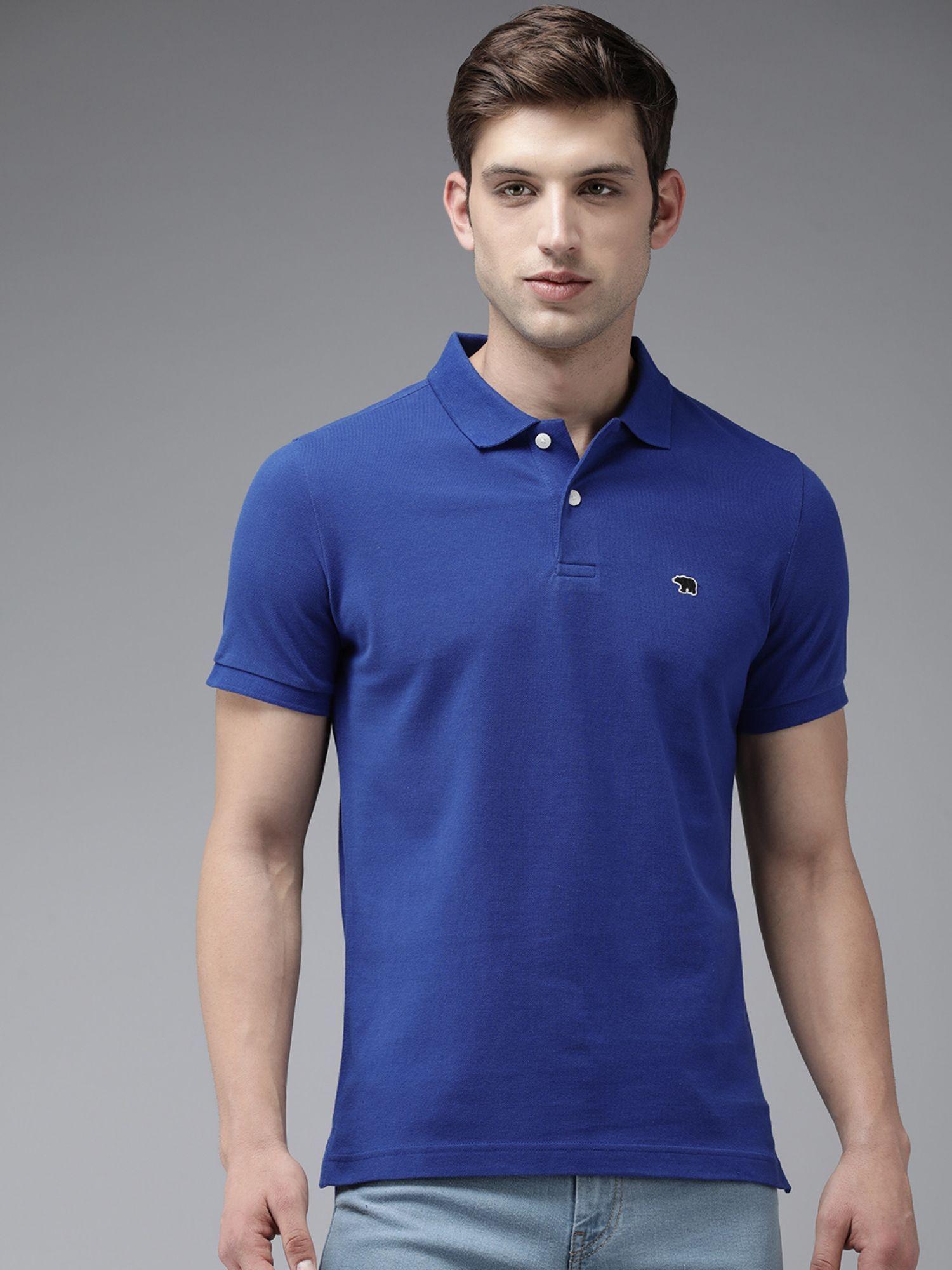 men blue solid slim fit cotton polo collar t-shirt