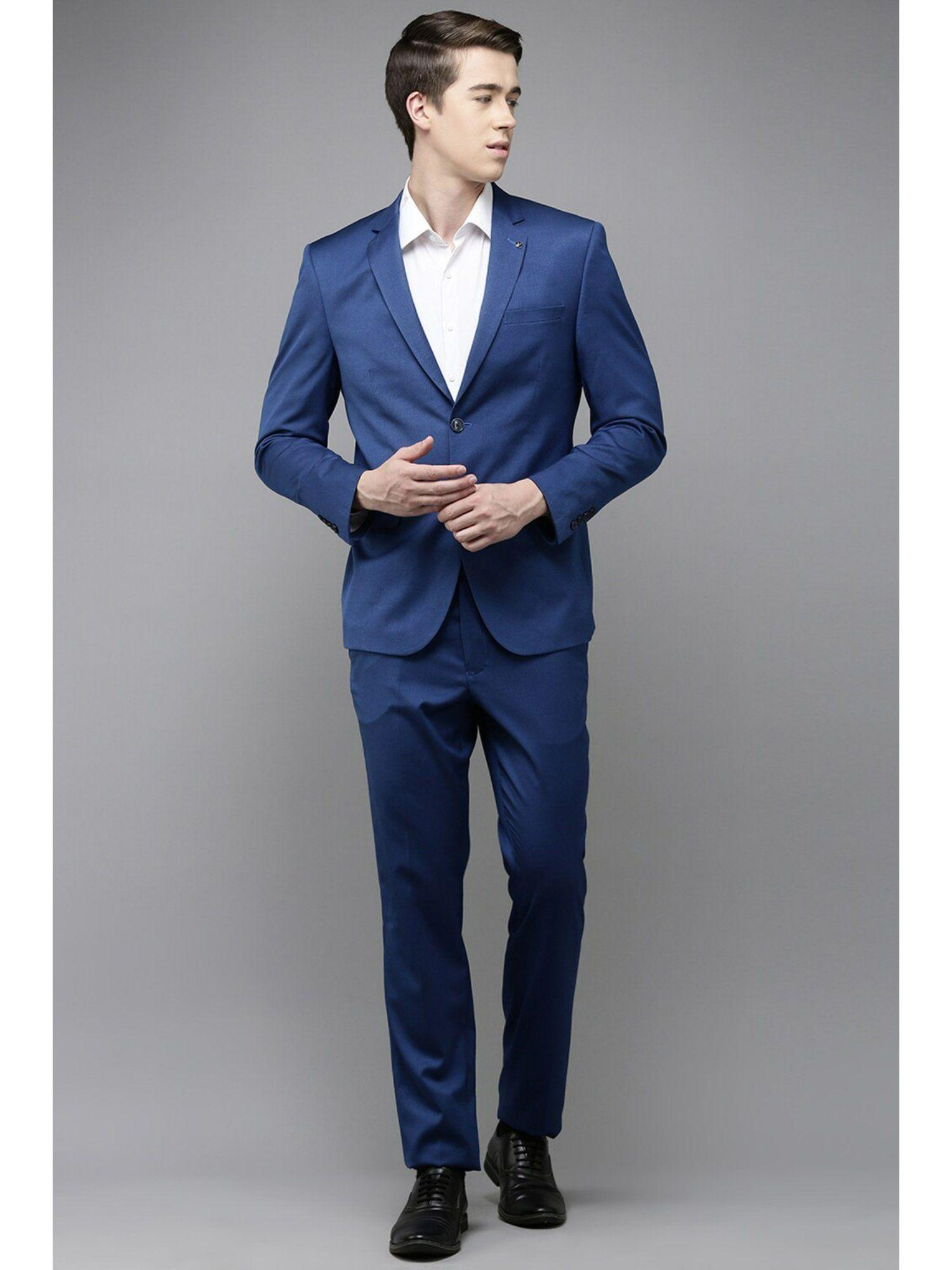 men blue solid slim fit formal suit (set of 2)
