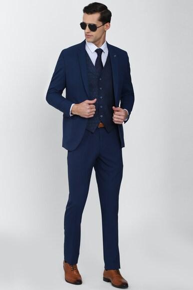 men blue solid slim fit formal three piece suit