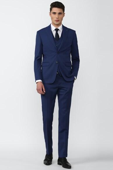 men blue solid slim fit formal three piece suit