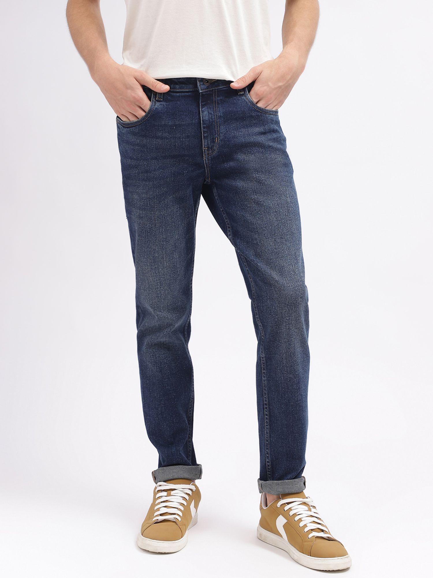 men blue solid slim fit mid-rise jeans