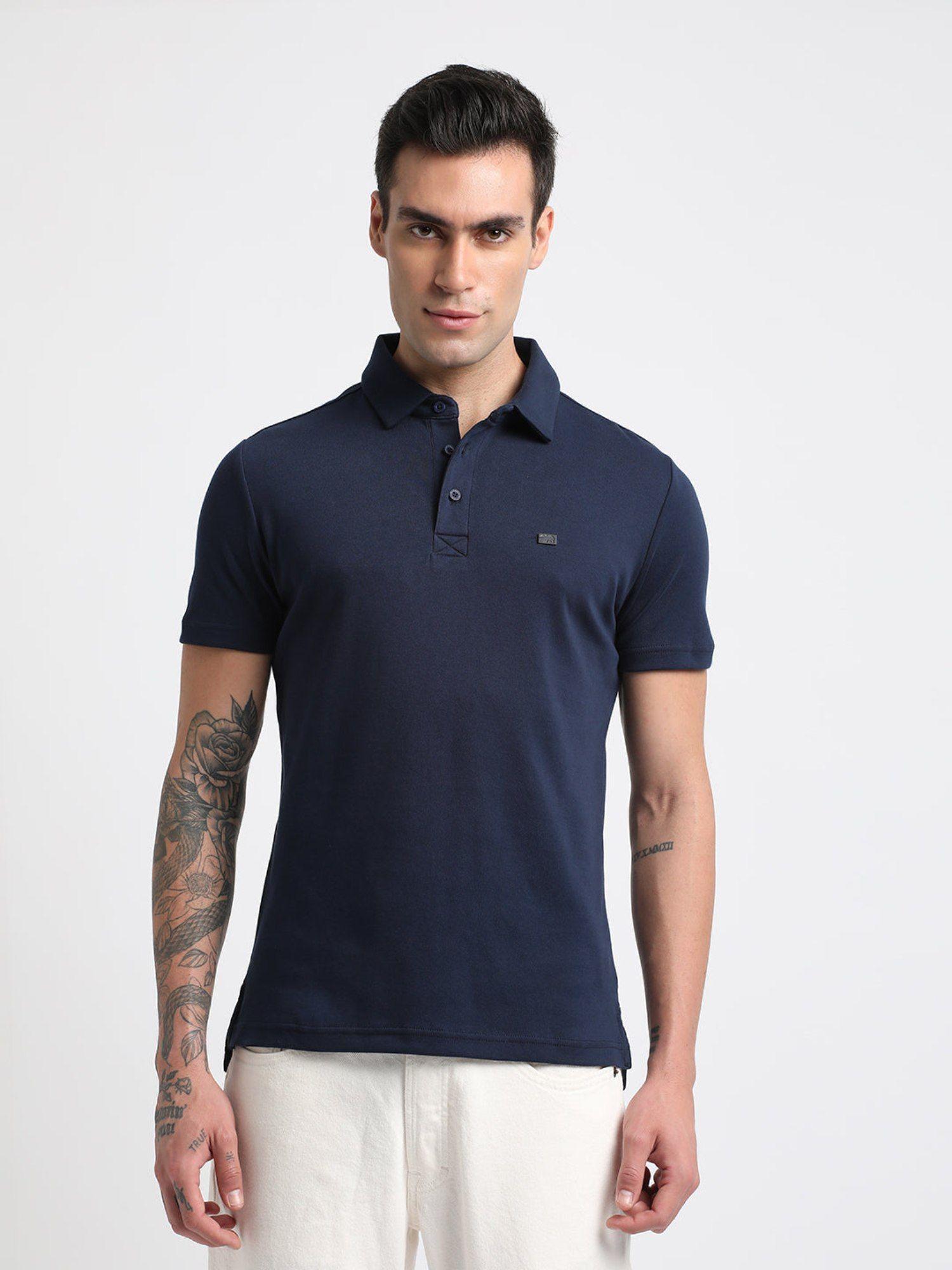 men blue solid slim fit polo neck t-shirt