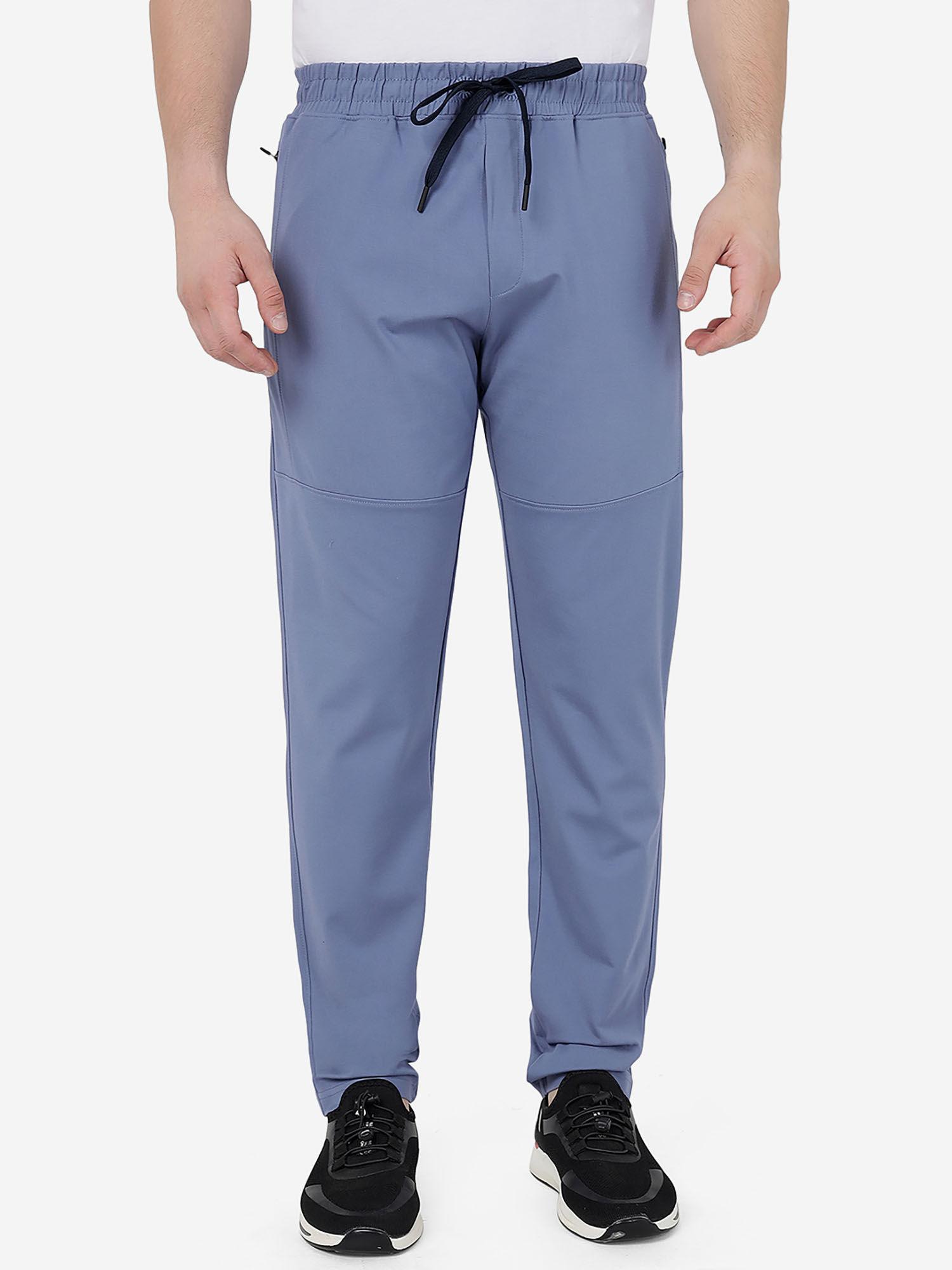 men blue solid slim fit track pant