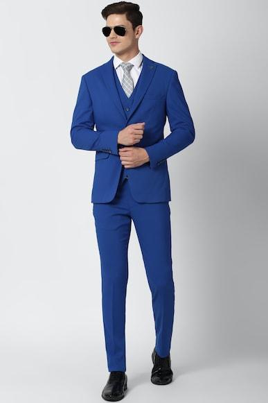 men blue solid slim fit wedding three piece suit