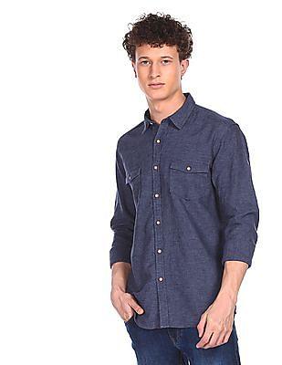 men blue solid spread collar shirt