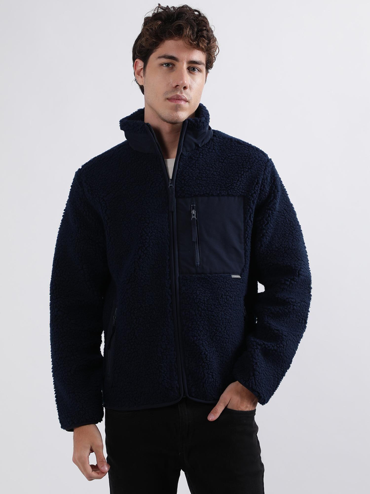 men blue solid stand collar jacket