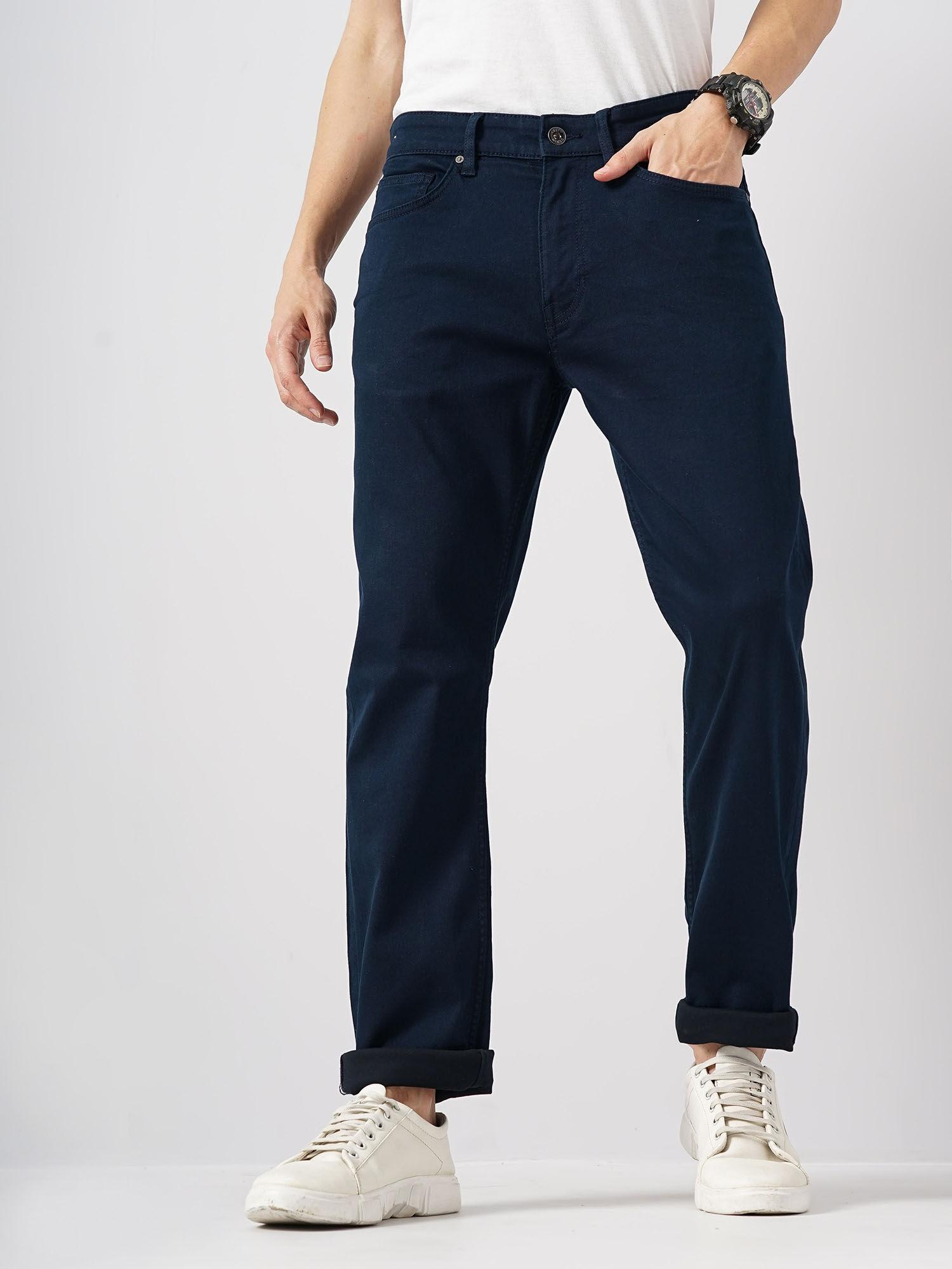men blue solid straight cotton innovation - stay jeans