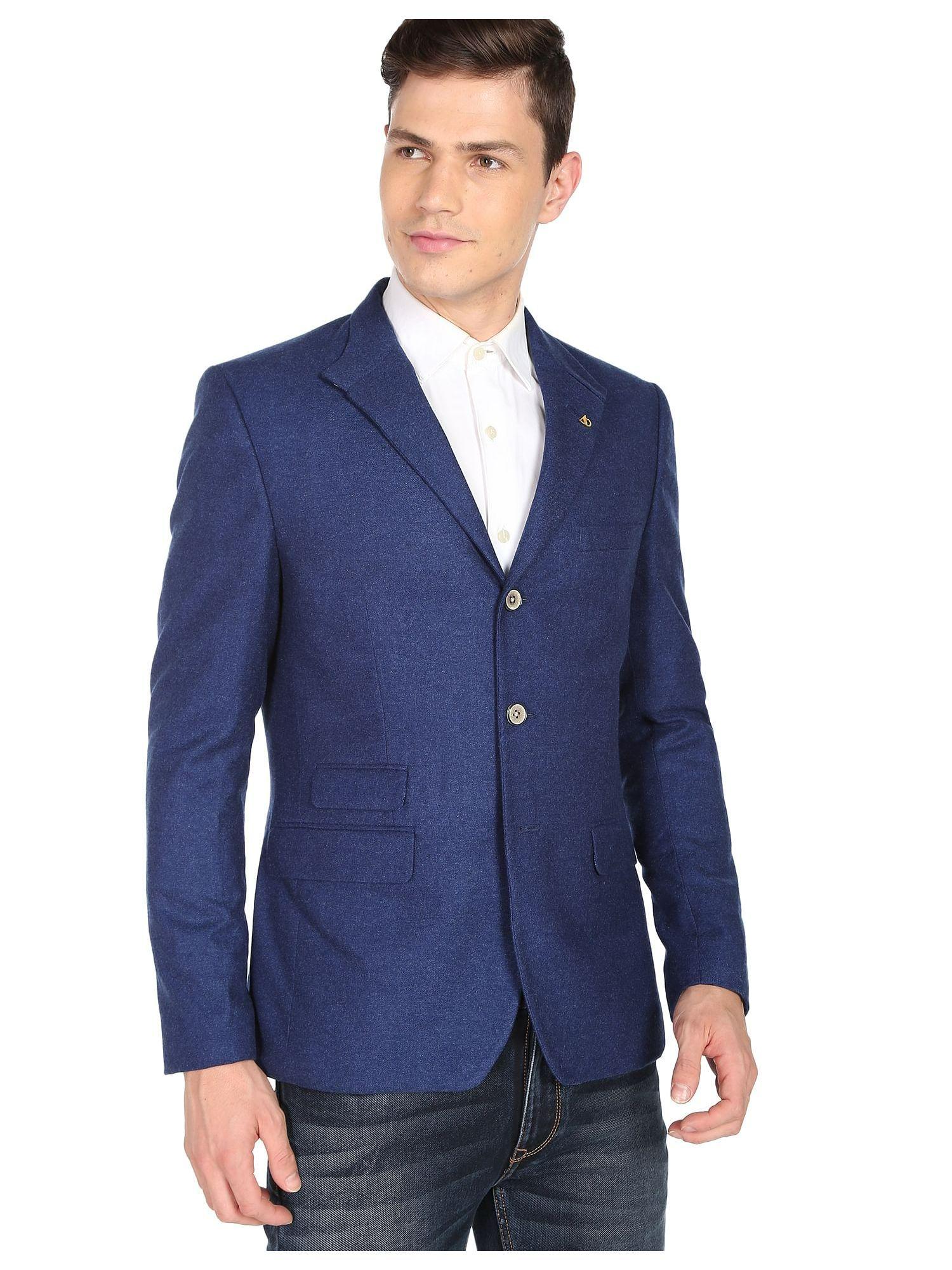men blue solid twill weave tailored fit blazer