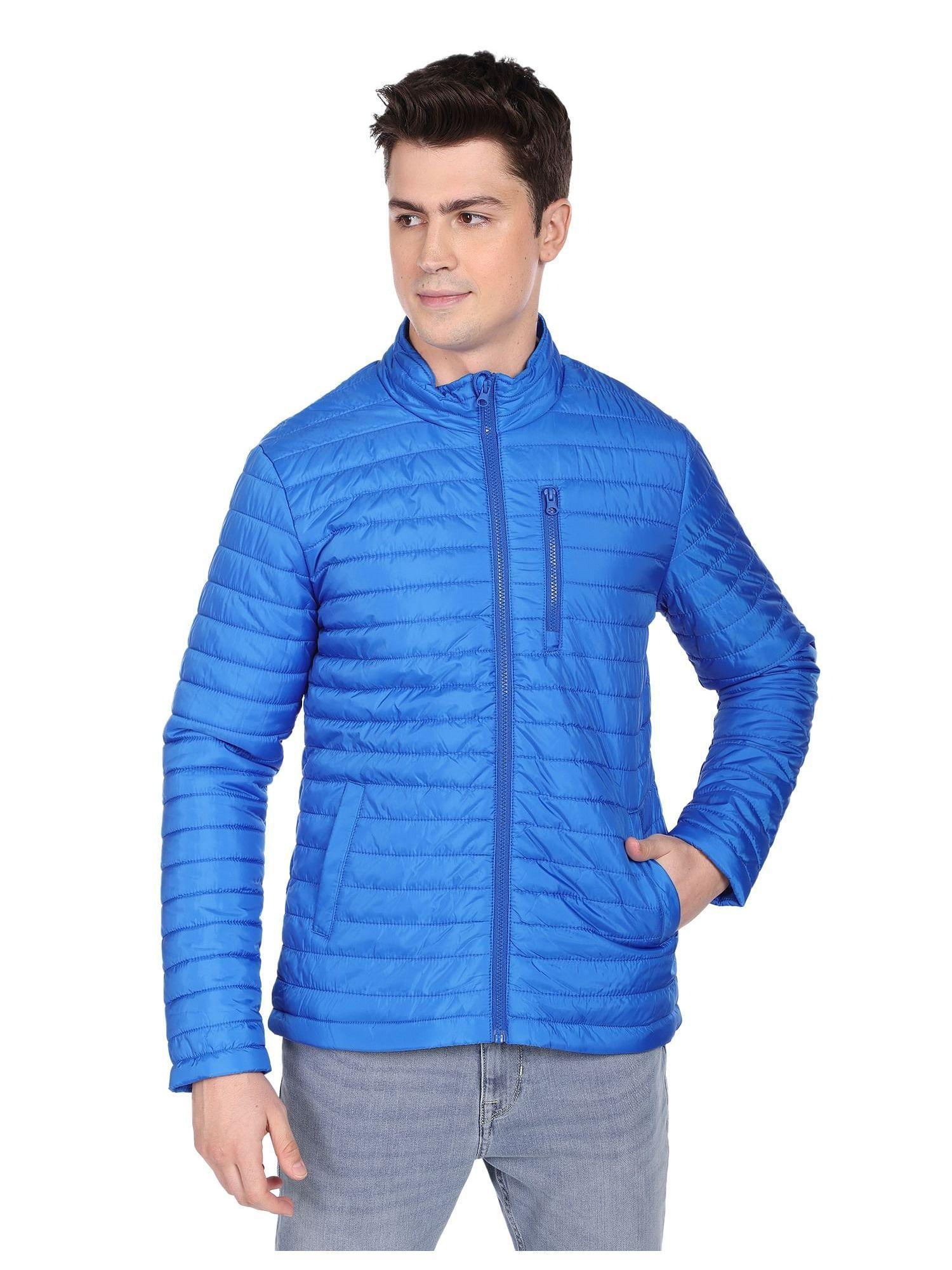 men blue solid zip up quilted jacket