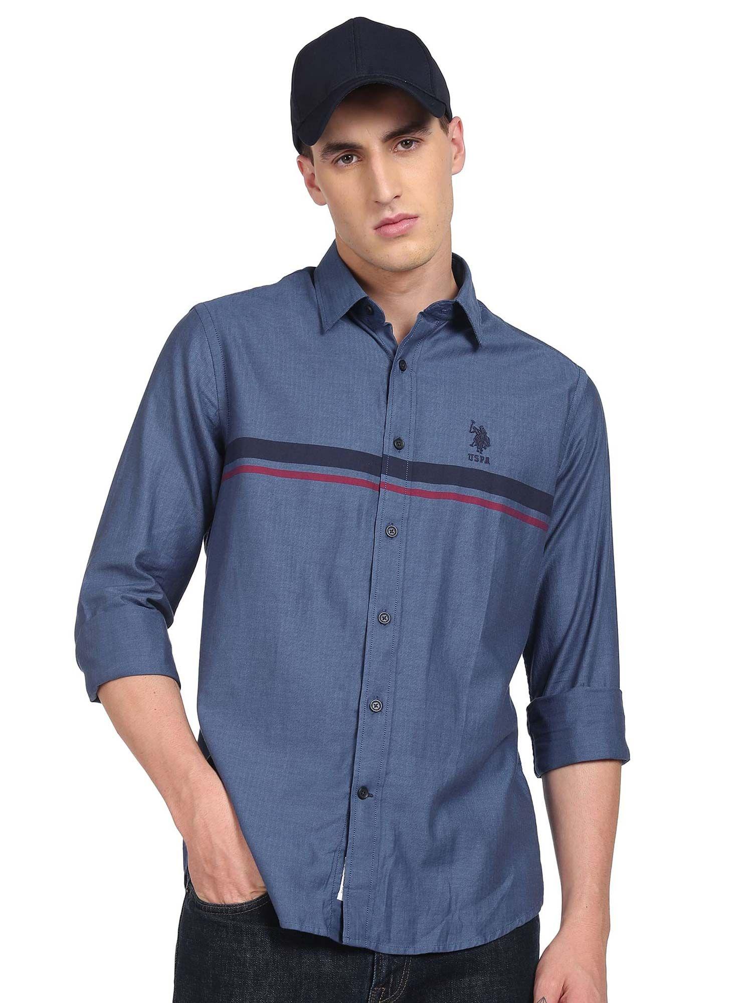 men blue spread collar cotton striped casual shirt