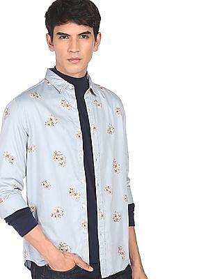 men blue spread collar floral print casual shirt