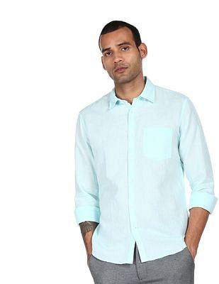 men blue spread collar long sleeves solid shirt