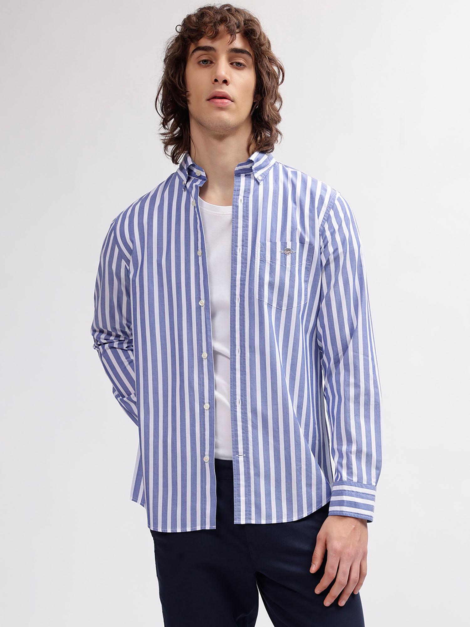 men blue striped button down collar full sleeves shirt