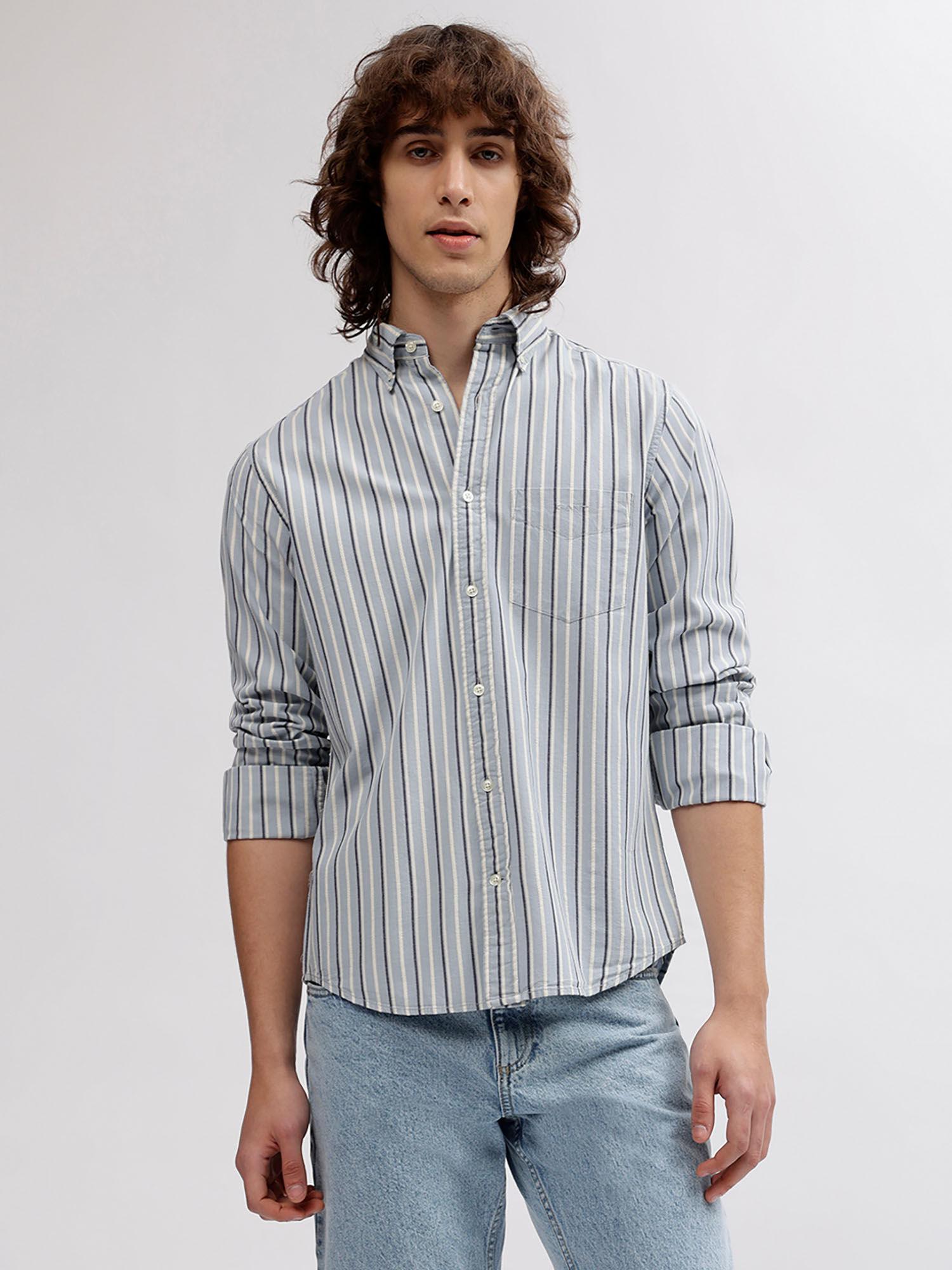 men blue striped button down collar full sleeves shirt