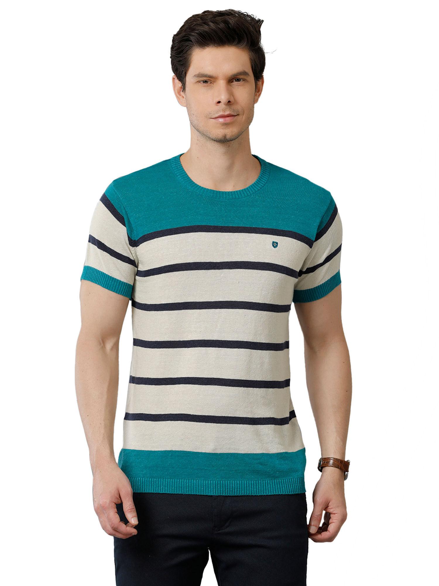 men blue striped round neck linen knitted t-shirt