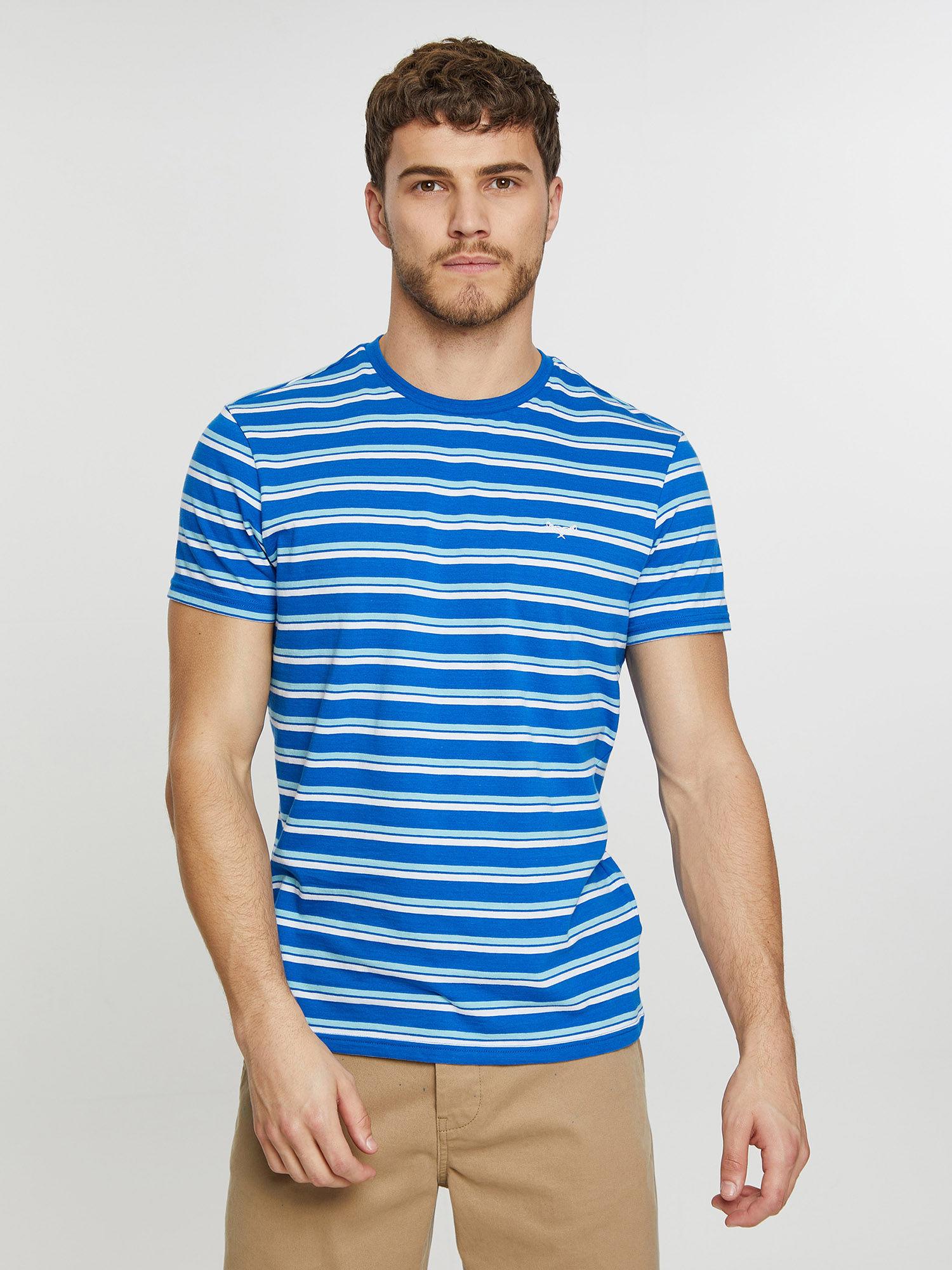 men blue striped short sleeve t-shirt