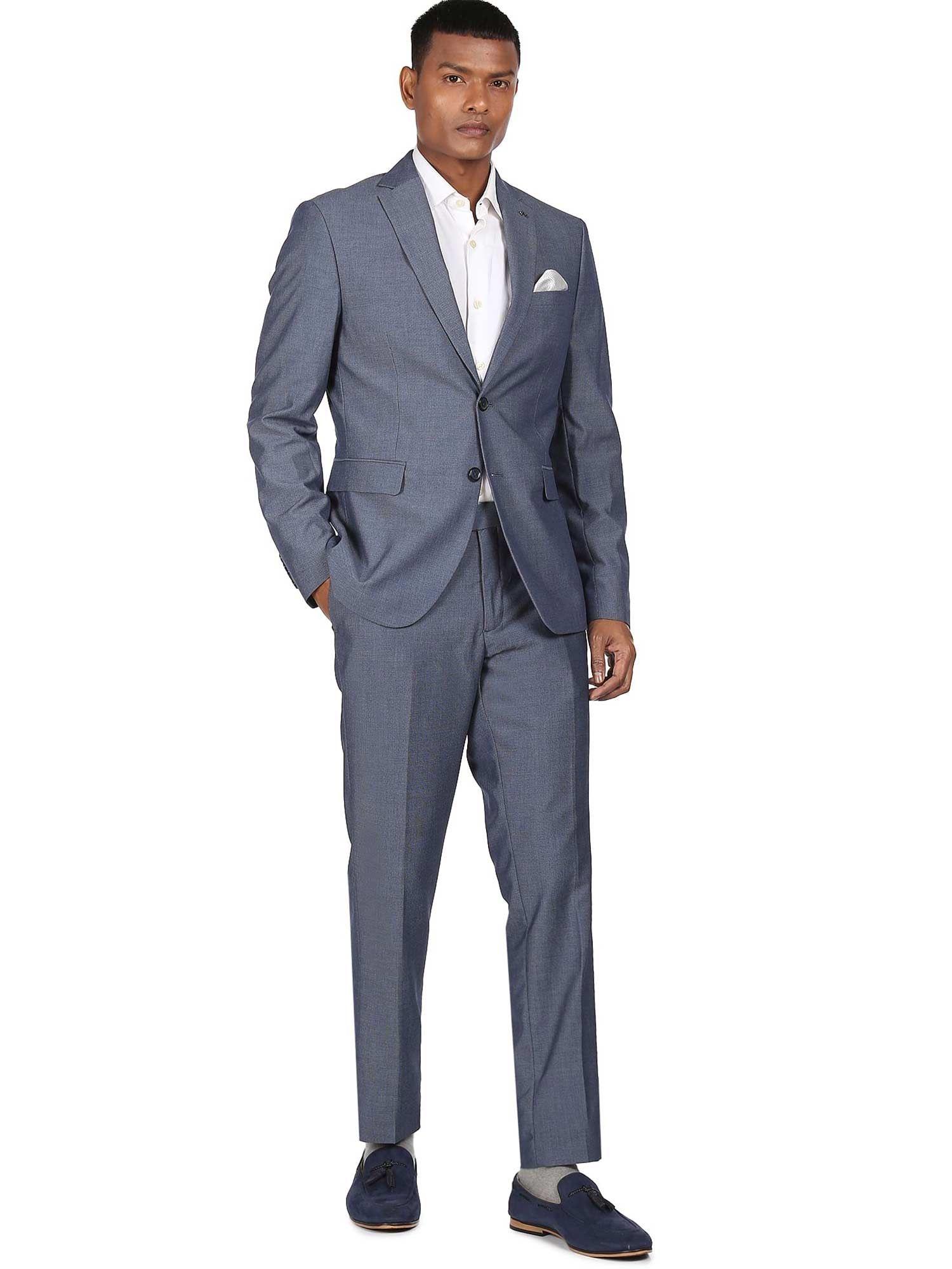men blue tailored regular fit patterned formal suit (set of 2)