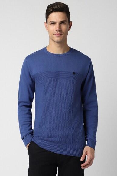men blue textured crew neck sweater