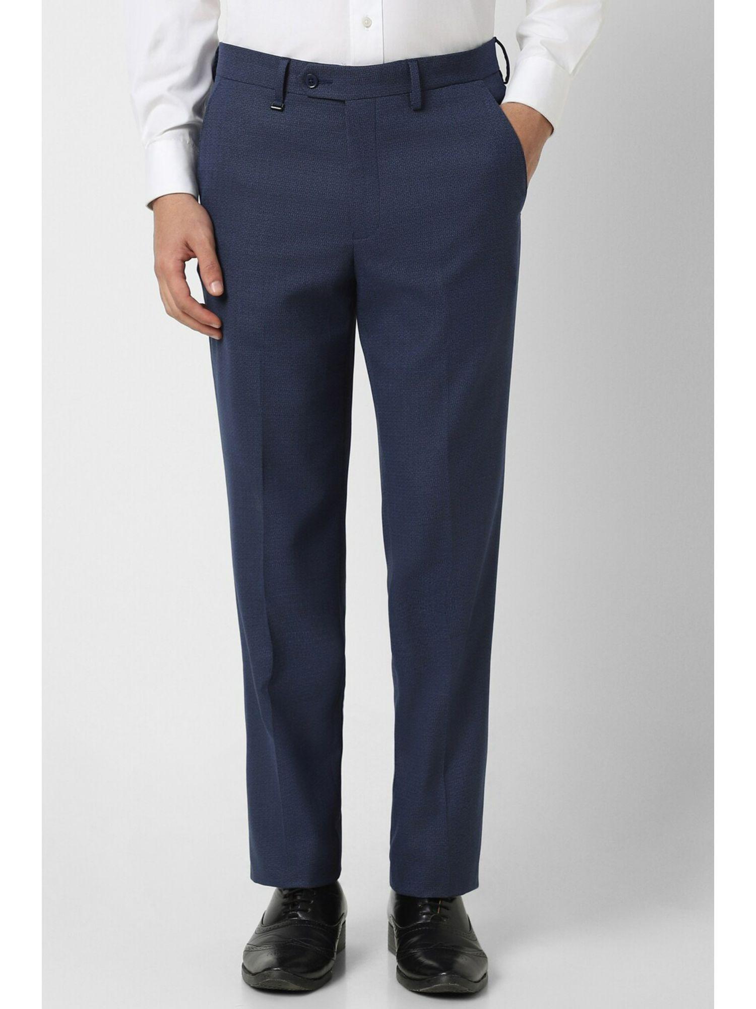 men blue textured regular fit trousers