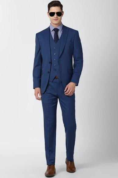 men blue textured regular fit wedding three piece suit