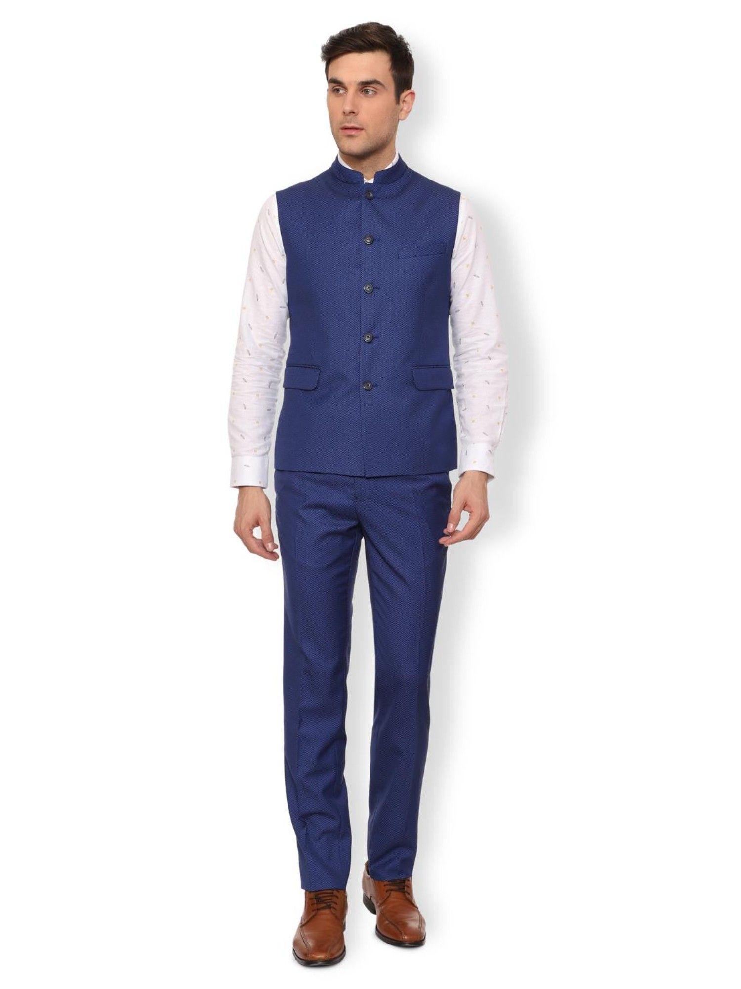 men blue textured slim fit wedding two piece suit (set of 2)