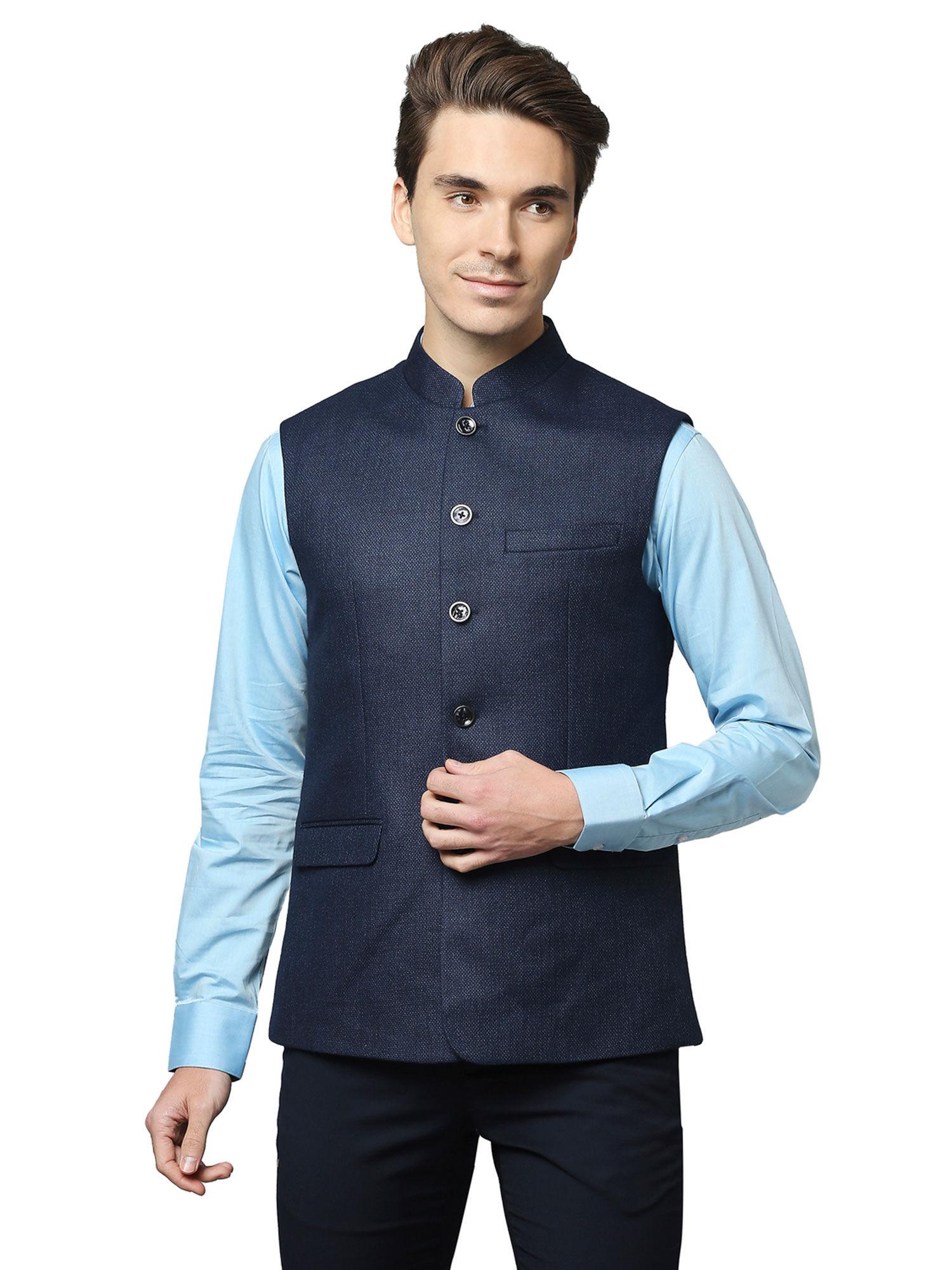 men blue textured waistcoat