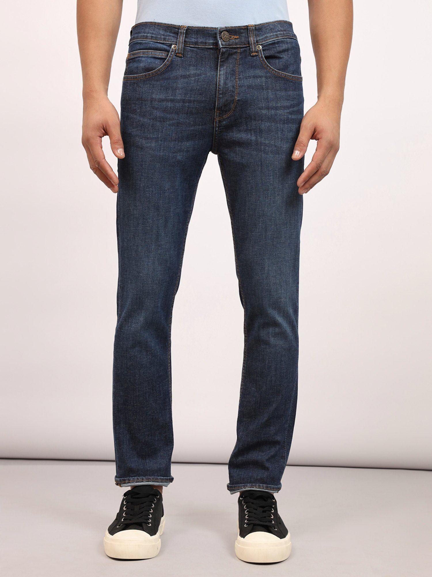 men blue travis tapered fit mid rise jeans