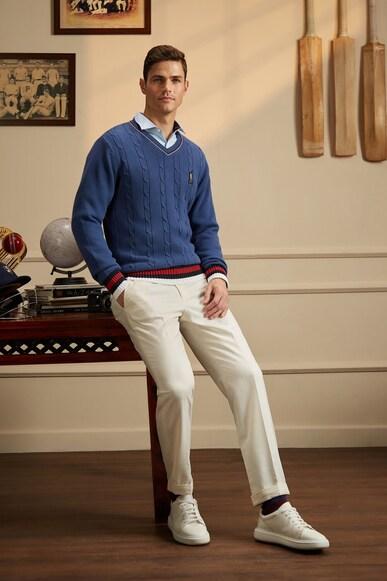 men blue v neck sweater with soft touch