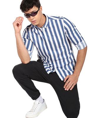 men blue vertical stripe cotton casual shirt