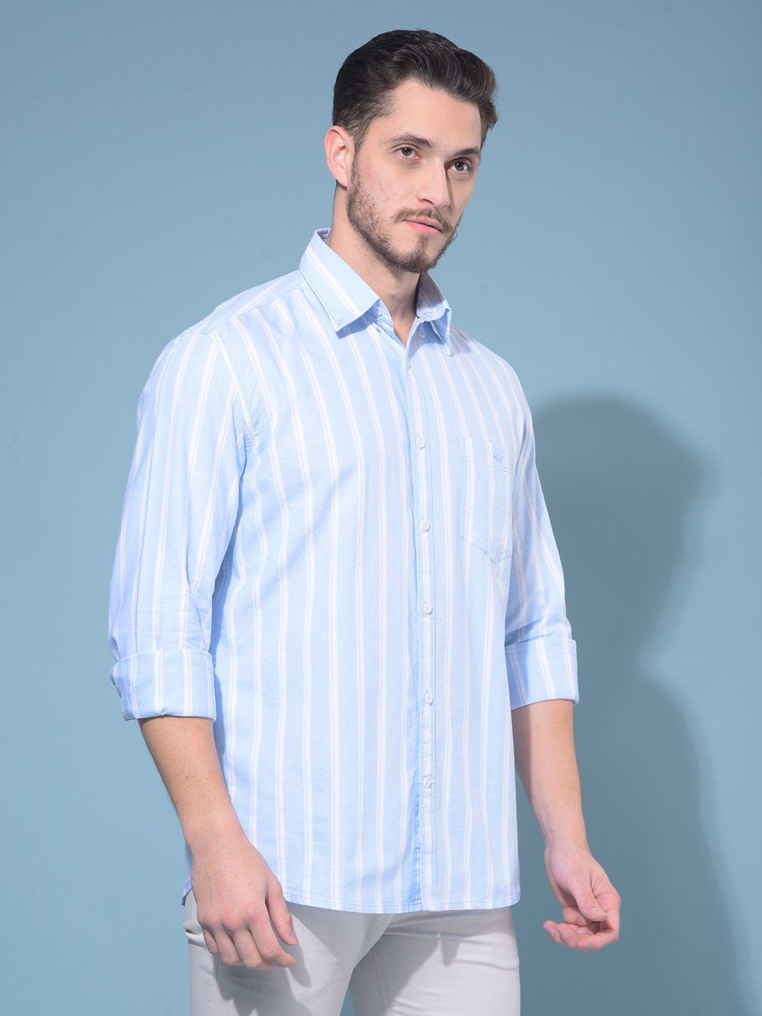 men blue vertical striped cotton casual shirt