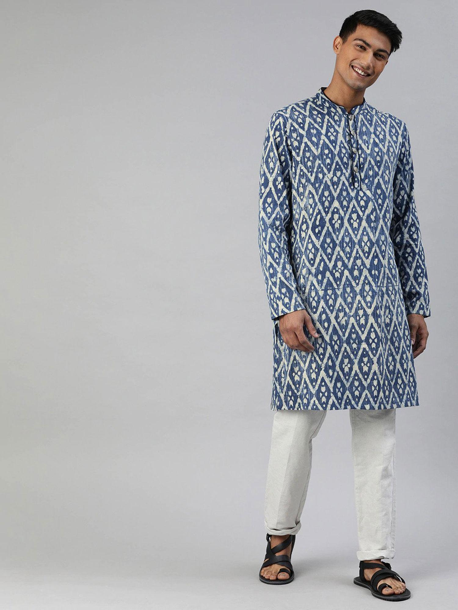 men blue white printed straight cotton kurta